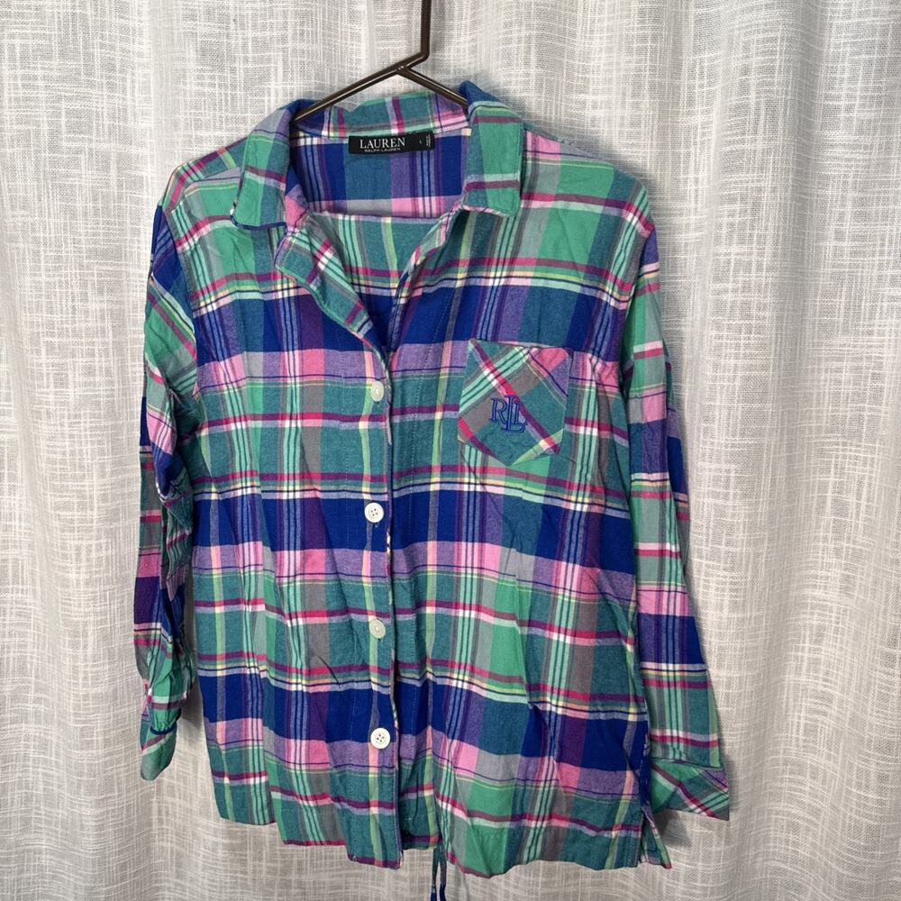 Lauren Ralph Lauren Women's Two Piece Pajama Set Size Large Green Plaid Flannel